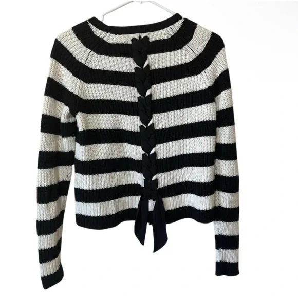 Lilla P Black White Stripe Chunky Knit Lace Up Back Sweater Small - Picture 1 of 7